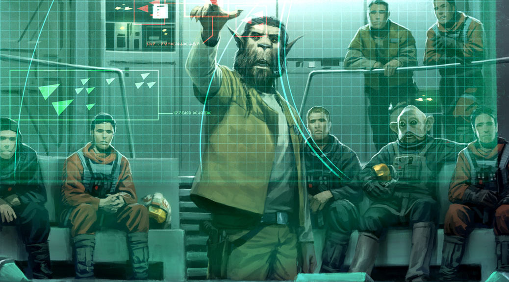 An alien Bothan points to a transparent grid while a group of soldiers and scouts looks on.