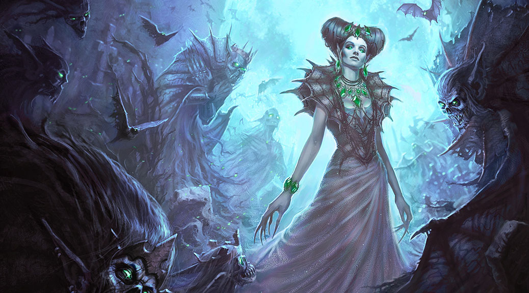 An undead queen surrounded by her wraith-like worshippers.